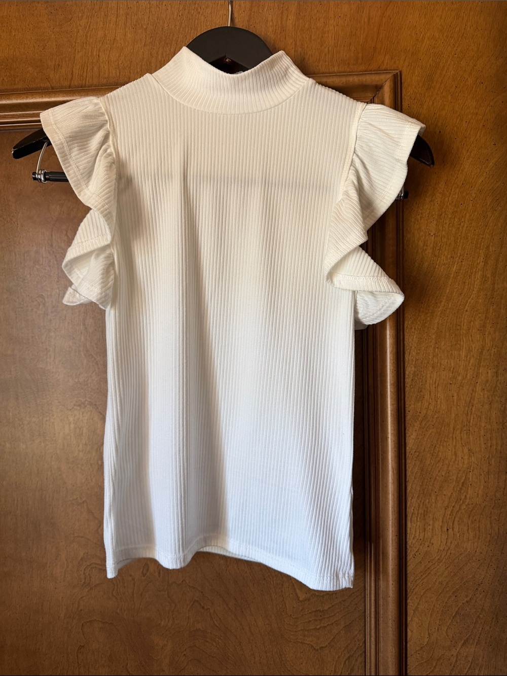 Girls' White Ribbed Mock Neck Top with Ruffle Sleeves